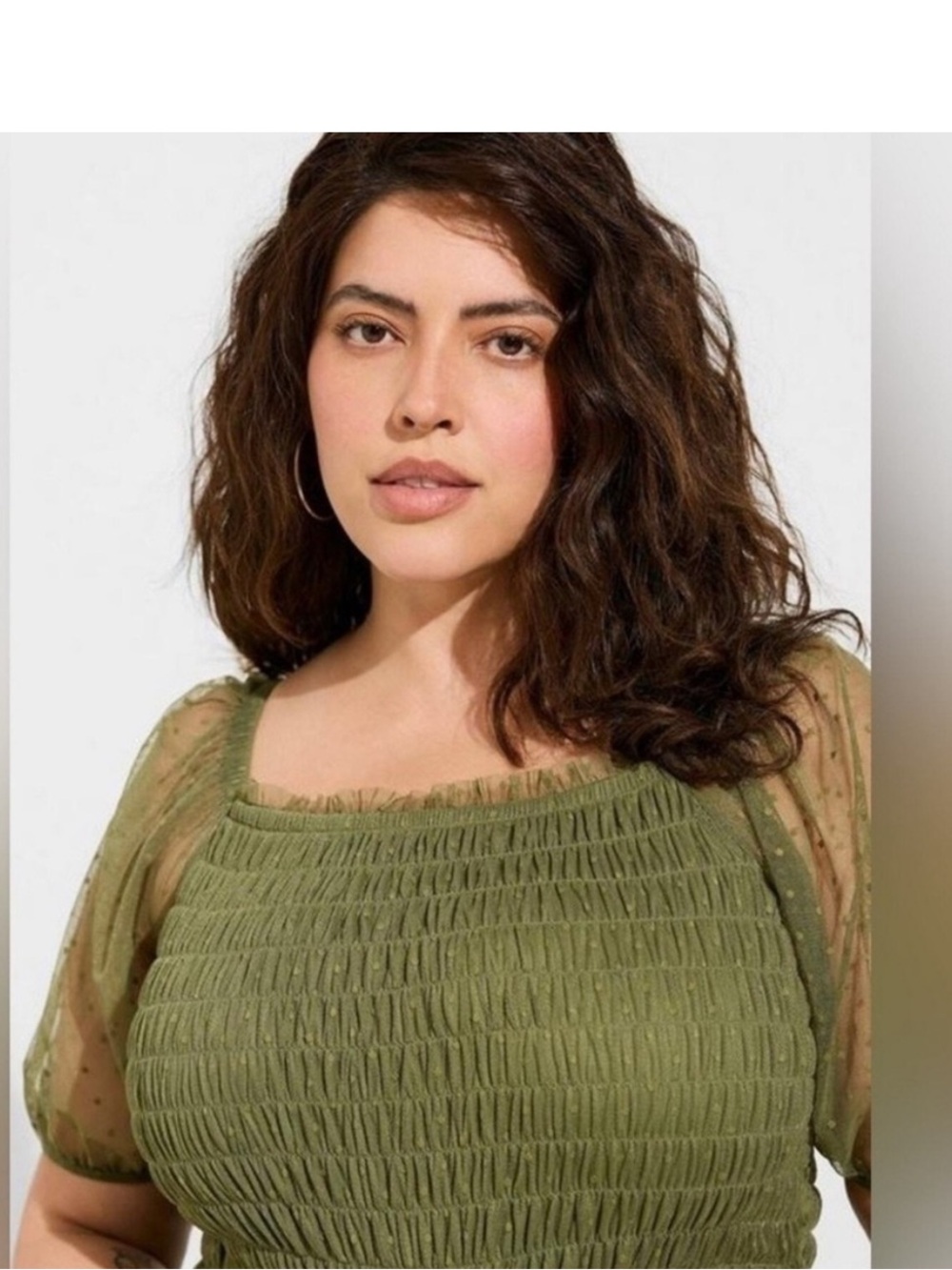 NWT Torrid Smocked Square Neck Crop Top 6X Olive Green Mesh Sleeve Cottagecore